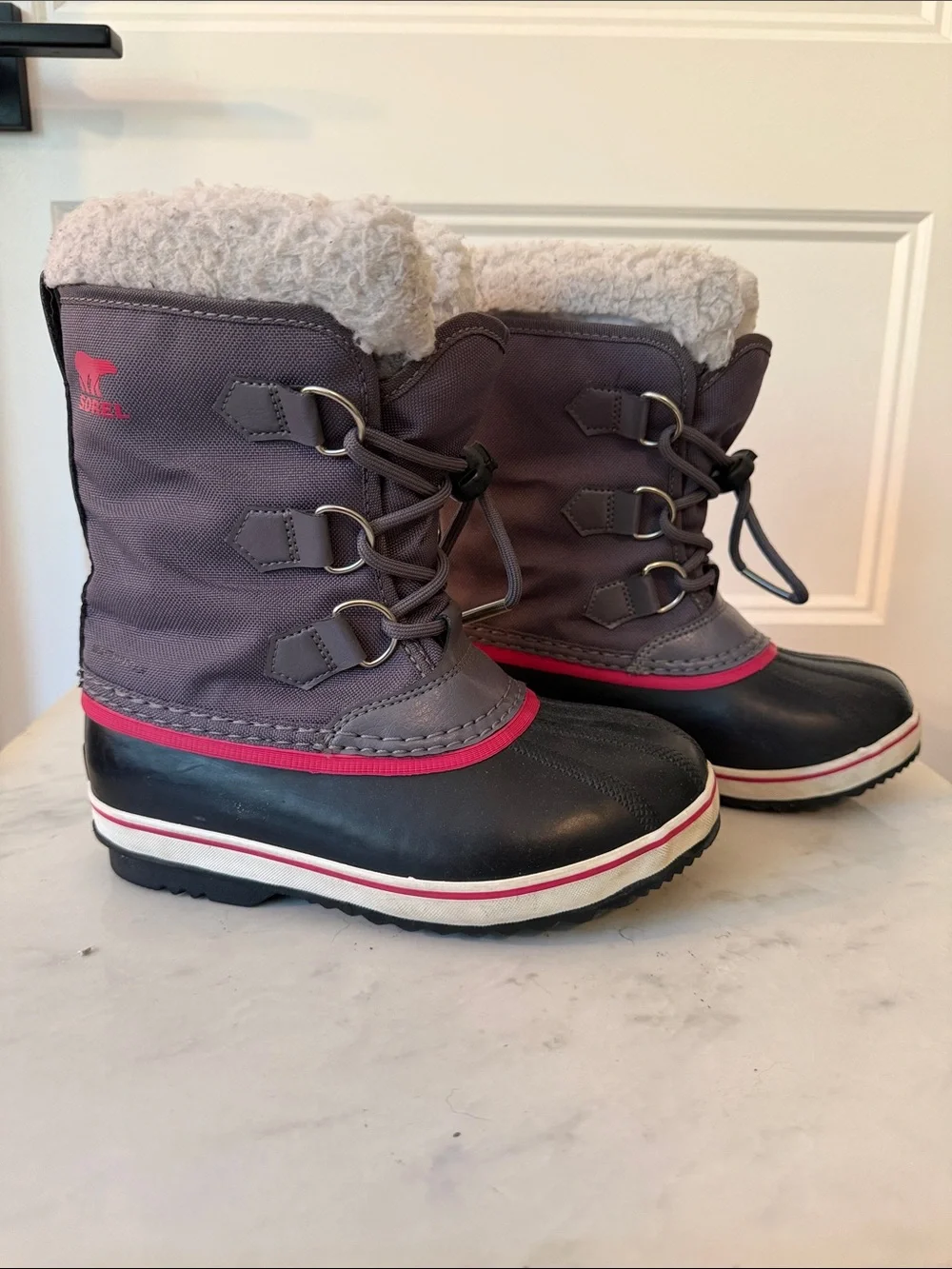 Sorel Kids Grey, Black and Pink Insulated Snow Boots